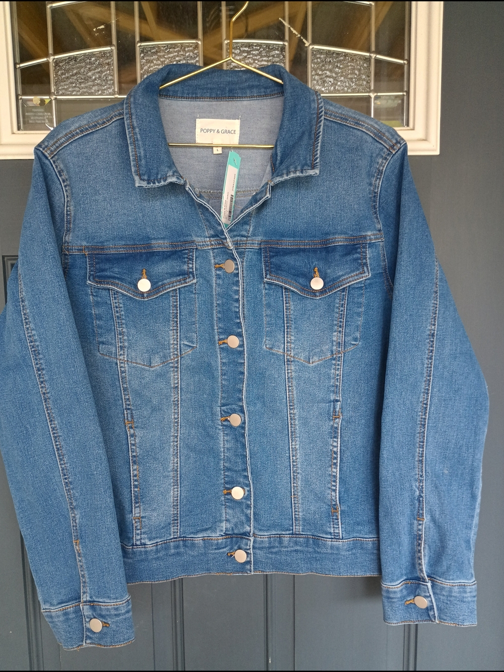 Poppy & Grace Womens Classic Blue Stretch Denim Trucker Jacket NWT L Essential